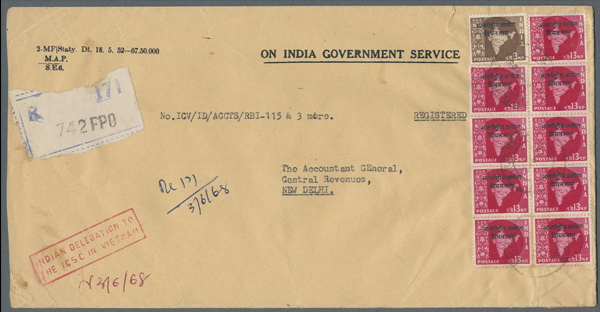 Name:  Viet Stamp-1968 VIETNAM Registered On India Government Service envelope with provisional 742 FPO.jpg
Views: 811
Size:  68.8 KB