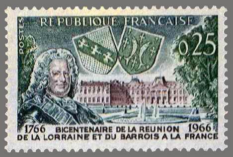 Name:  timbre france 1966 - 1483 - Portrait de Stanislas Leczinski et chateau de Luneville et armoiries.jpg
Views: 418
Size:  39.7 KB