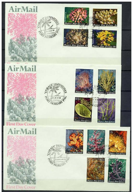 Name:  168-Papua New Guinea 1982-83 Michel 439-451 Corals set of 13 on 3 FDC- 295K.jpg
Views: 208
Size:  93.9 KB