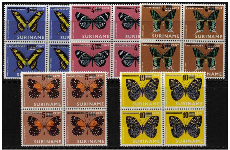 Name:  282- Suriname 1977 vlinder butterflies papillon overprint MNH block of 4-155k.jpg
Views: 398
Size:  101.2 KB