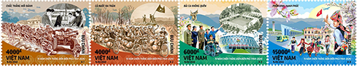 Bối cảnh xuy&ecirc;n suốt cả bộ tem l&agrave; cảnh l&ograve;ng chảo Điện Bi&ecirc;n Phủ từ qu&aacute; khứ h&agrave;o h&ugrave;ng đến đổi mới v&agrave; ph&aacute;t triển. Ảnh: VNP